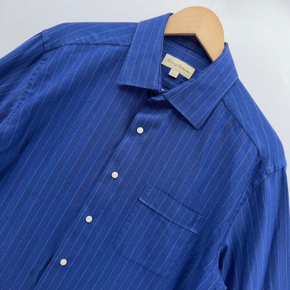 Tommy Bahama Button Down Mens 16.5 32/33 Blue Striped Long Sleeve Pocket Shirt